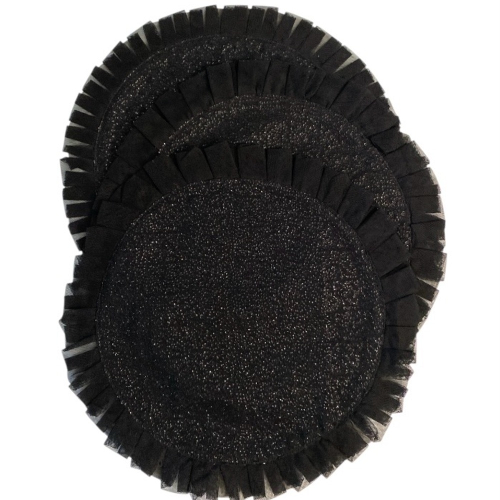 3 RACHEL ZOE PLACEMATS BLACK SPARKLE Ruffles Placemat Charger LUXE  Halloween